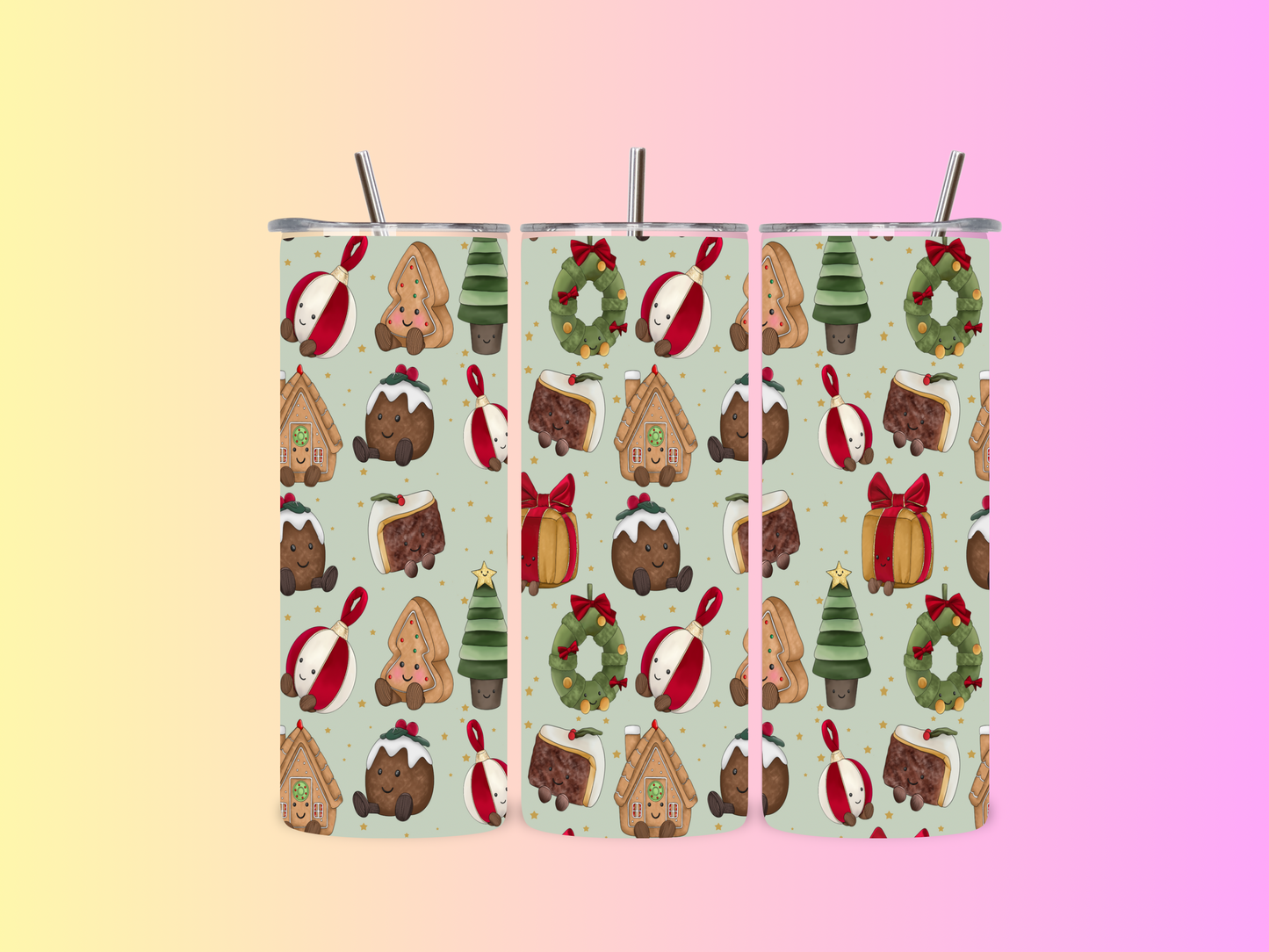 Kawaii Christmas Cuddlies Tumblers | Christmas Treats Pattern Tumbler | Insulated Festive Drinkware