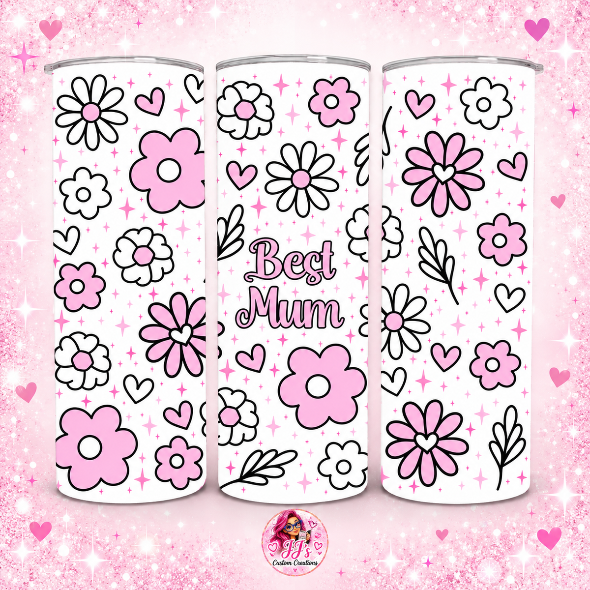 Best Mum floral 20oz tumbler shown from three angles on a square pink sparkle background