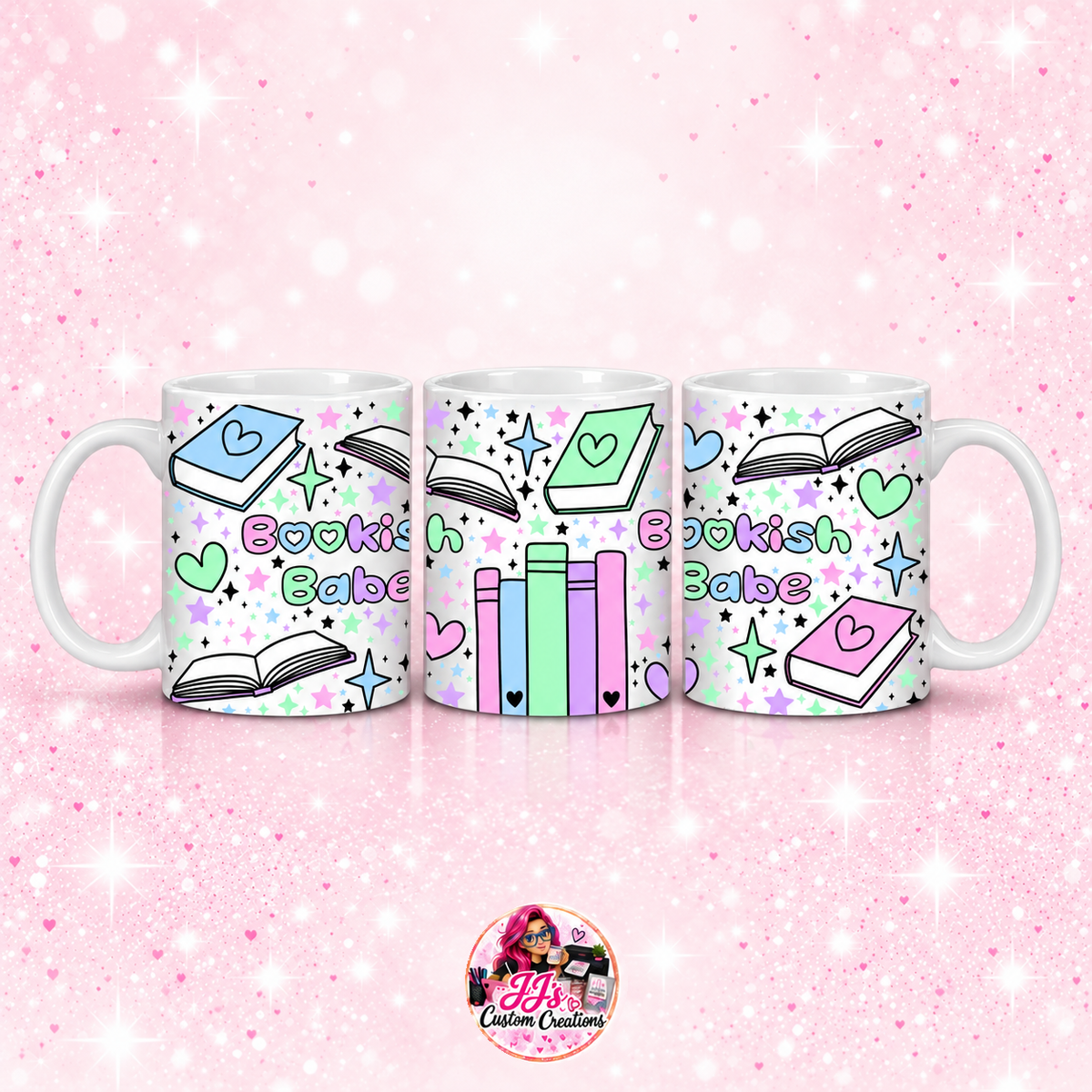 Bookish Babe mug on JJ’s pale pink sparkle background with logo watermark
