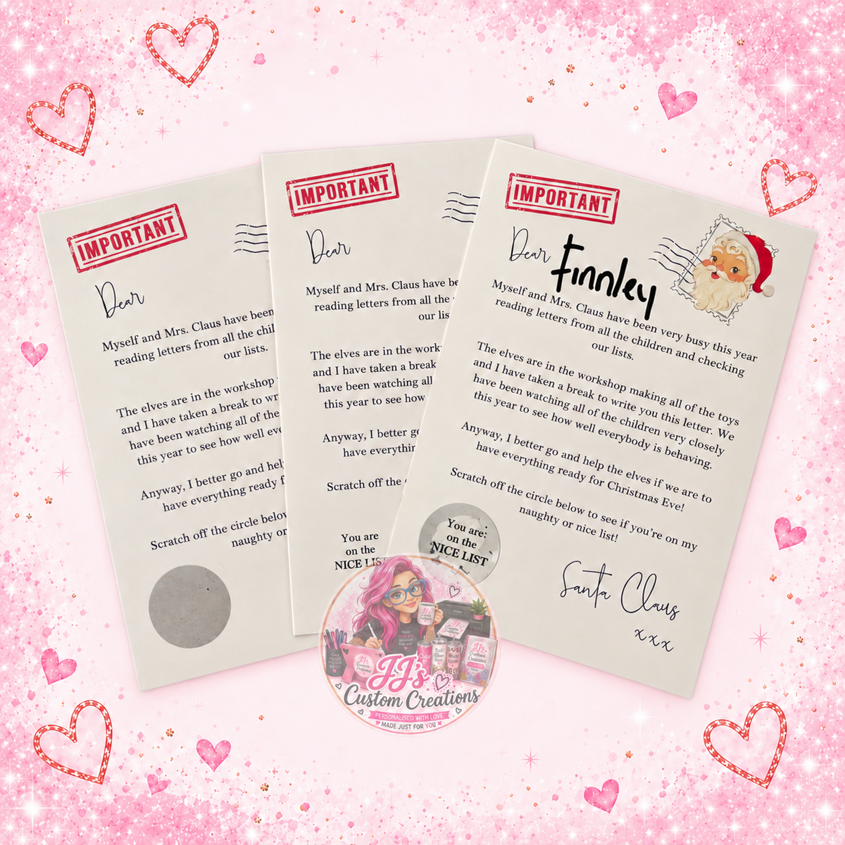 Personalised Christmas Nice List scratch cards on JJ’s blush pink sparkle background