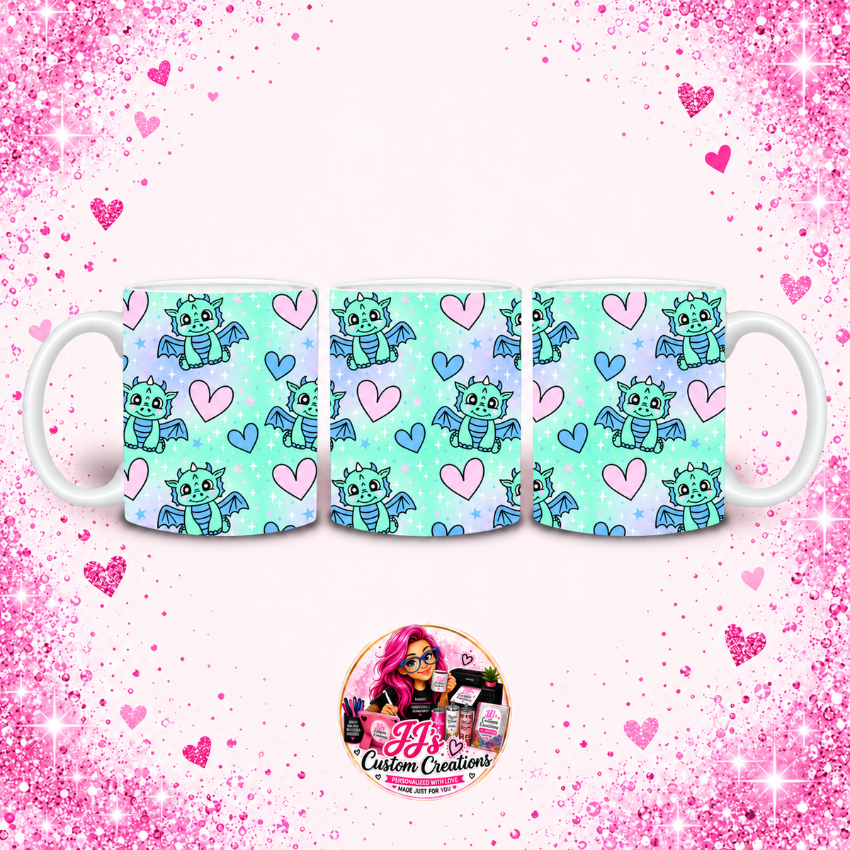 Cute Dragon Mug on JJ's Custom Creations pink sparkle background