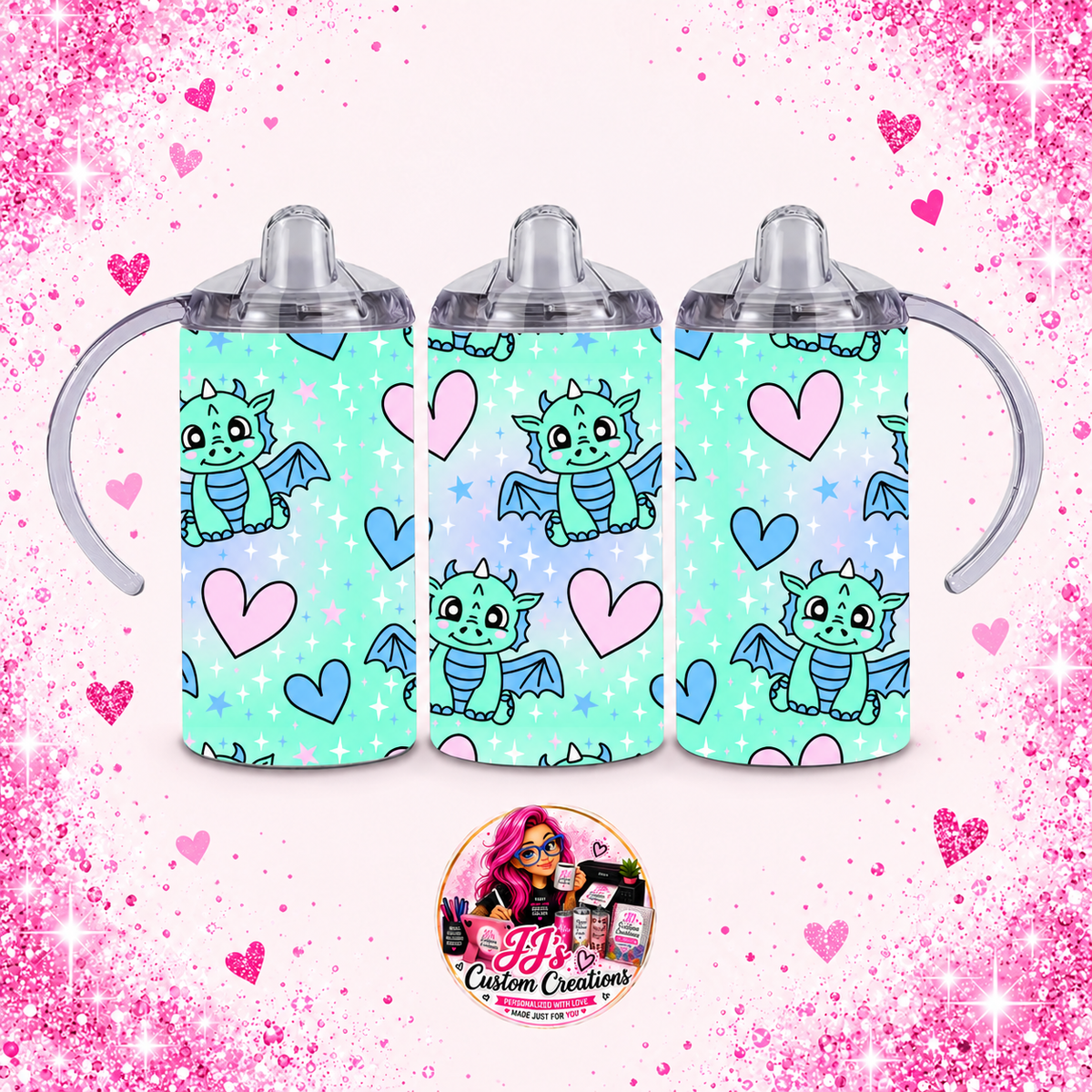 Cute Dragon 12oz sippy tumbler on the approved light pink sparkle background