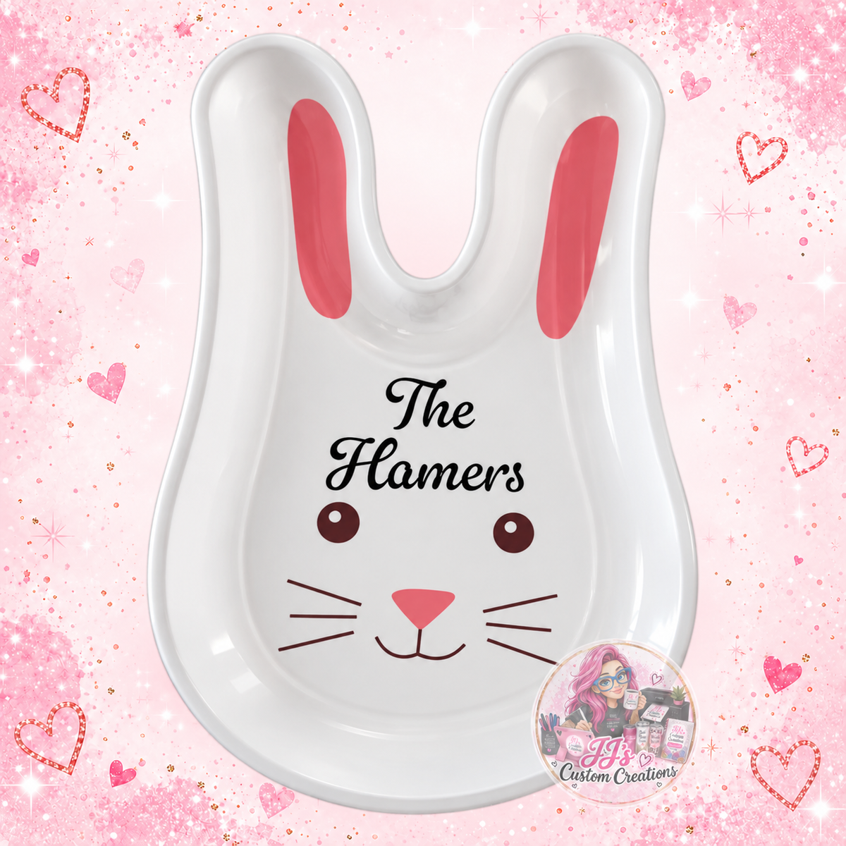Personalised The Hamers bunny treat plate on pale pink sparkle background with JJ's watermark