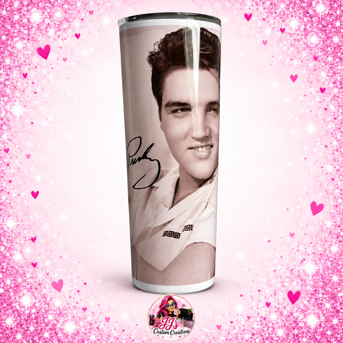 Elvis portrait 20oz tumbler on a square pink sparkle background with JJ's Custom Creations watermark