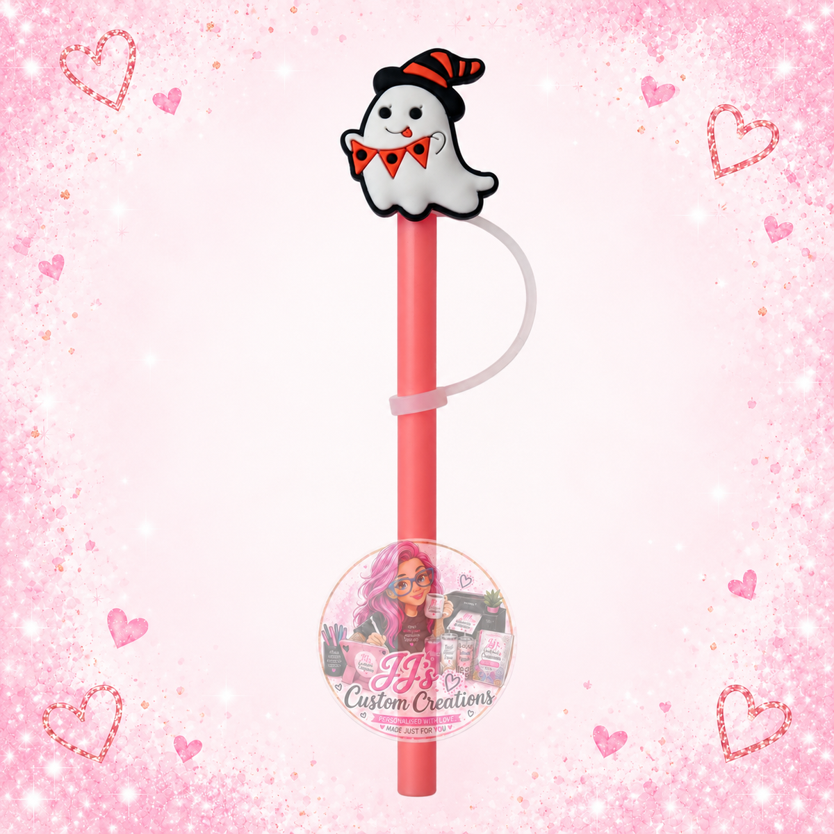 Ghost straw topper with pink straw on JJ’s blush pink sparkle background