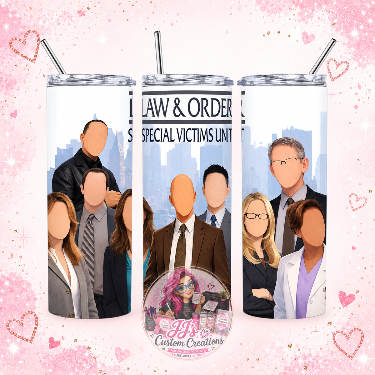 Law and Order SVU inspired 20oz tumbler views on blush pink sparkle background