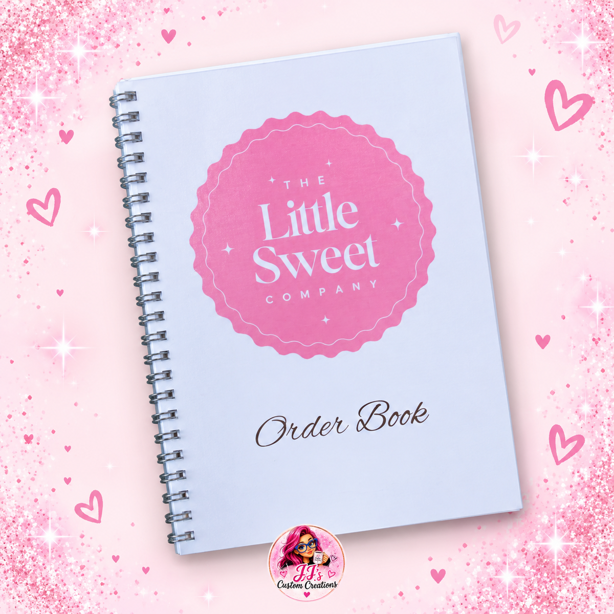 Personalised Little Sweet Company order book on a square pink sparkle background