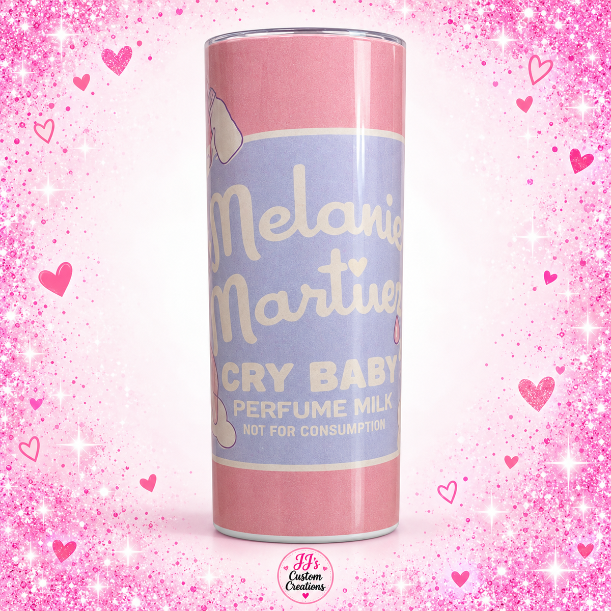 Melanie Martinez inspired Cry Baby 20oz tumbler on a square pink sparkle background with JJ's Custom Creations watermark