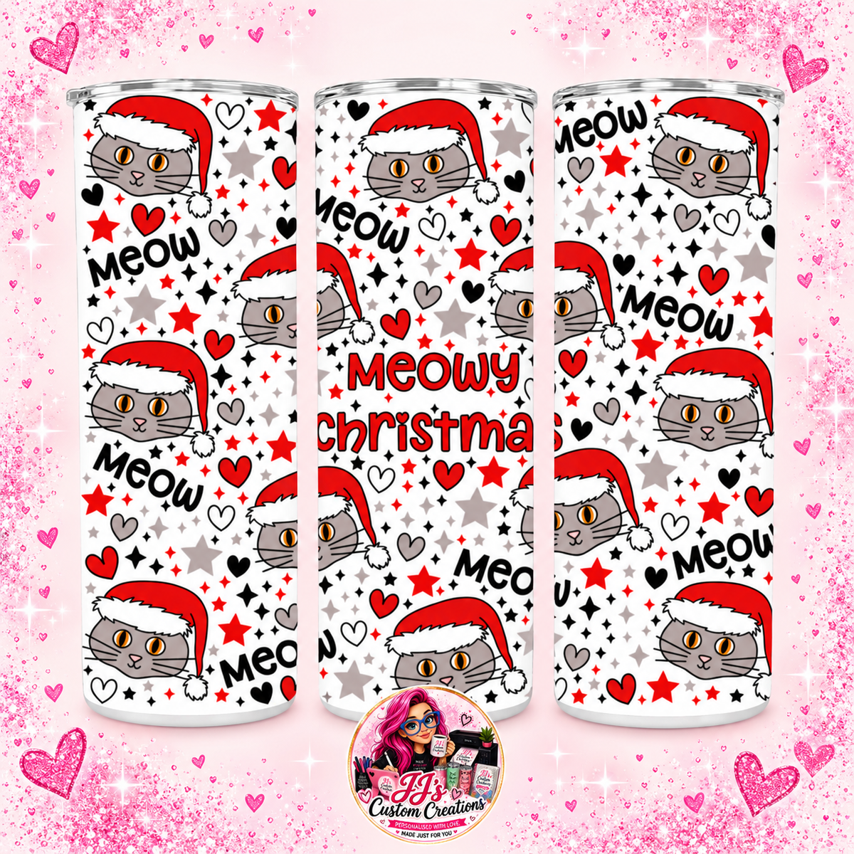 Meowy Christmas cat pattern 20oz tumbler on a pale pink sparkle background