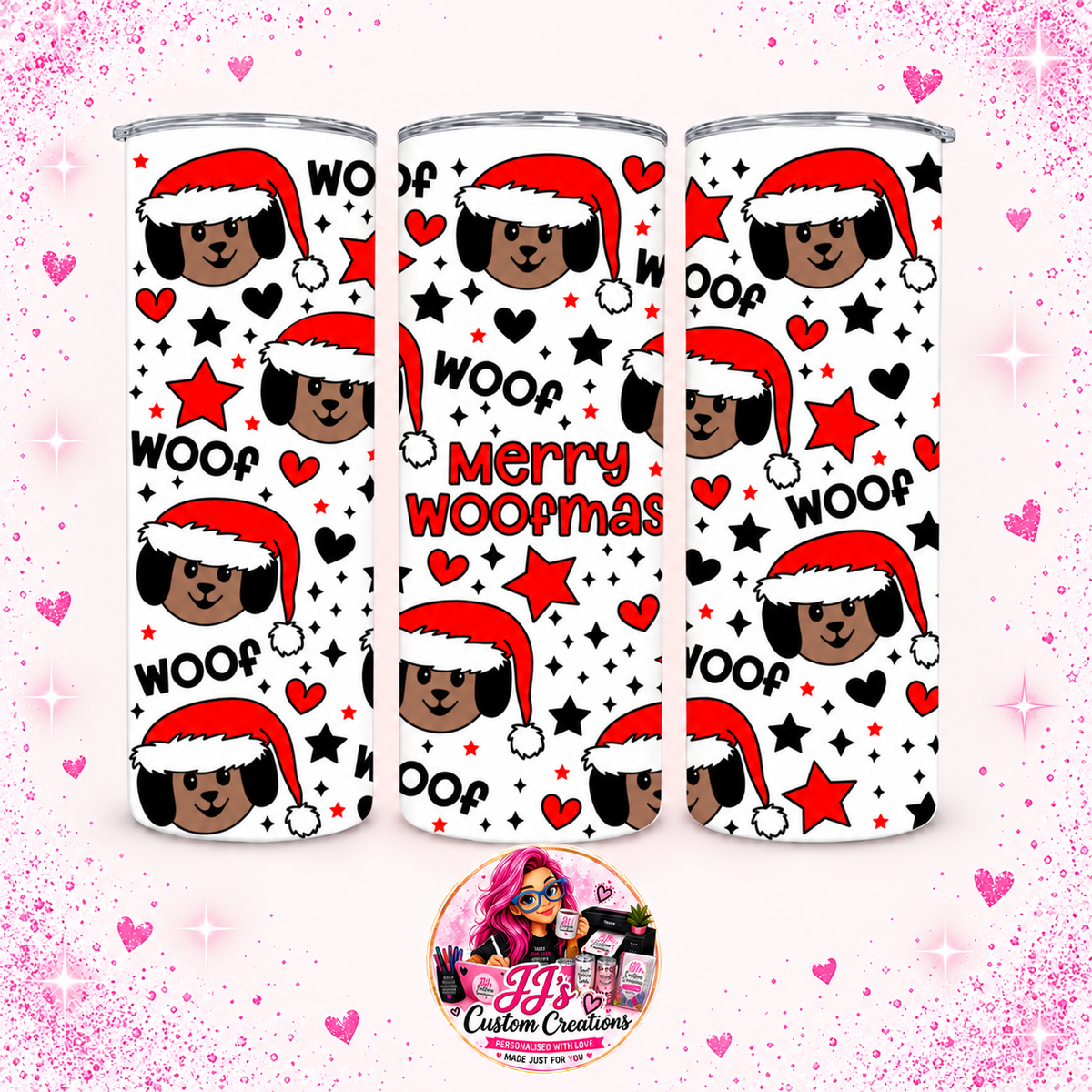 Merry WOOFmas 20oz tumbler on the approved light pink sparkle background