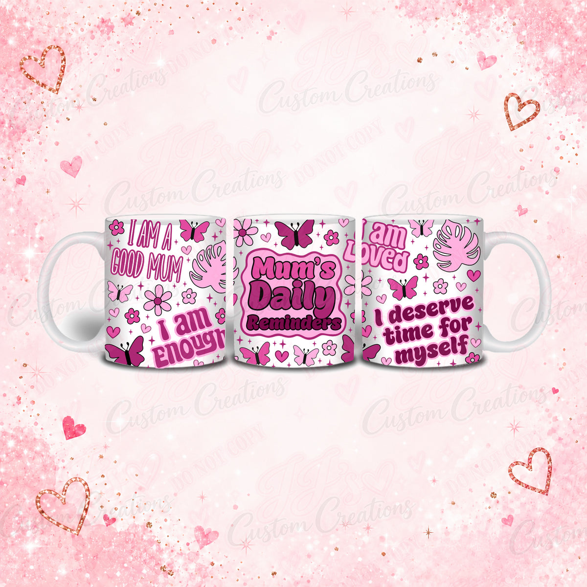 Mom’s Daily Reminder Mug | Thoughtful Gift – original mock-up with approved pink sparkle background and watermark