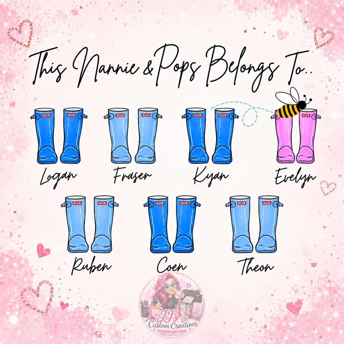 Personalised Nannie and Pops welly boots family print on JJ's blush pink sparkle background