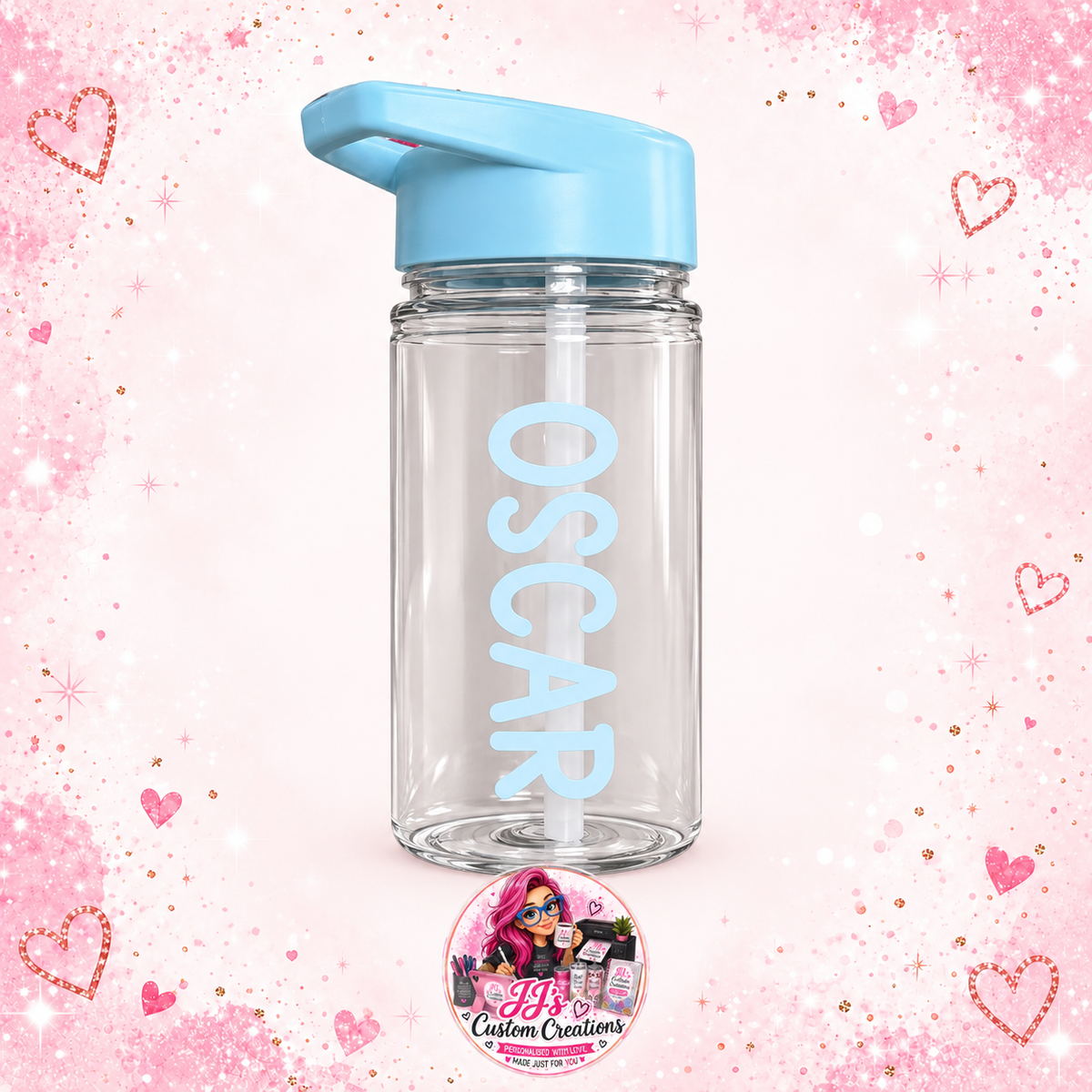 Blue 450ml kids water bottle personalised Oscar on a full square pink sparkle background with JJ's watermark