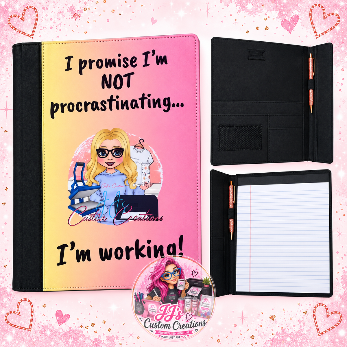Personalised business folder showing procrastination quote cover, inside pockets and lined pad on pink sparkle background with JJ's watermark
