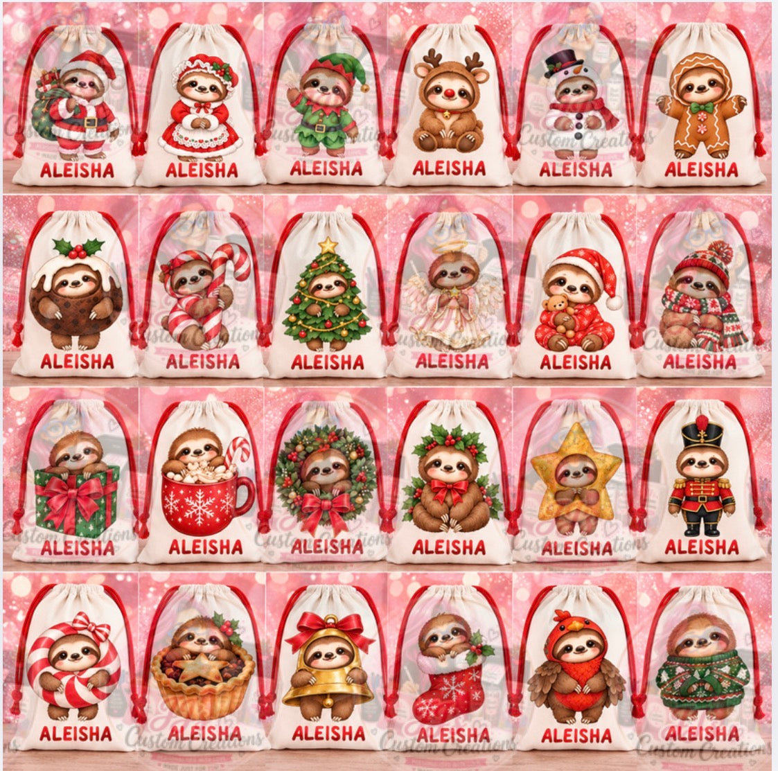 Twenty-four personalised festive sloth Christmas sack design options