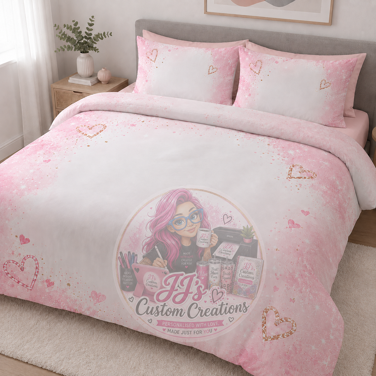 Personalised custom bed cover and pillowcase set with JJ’s Custom Creations watermark