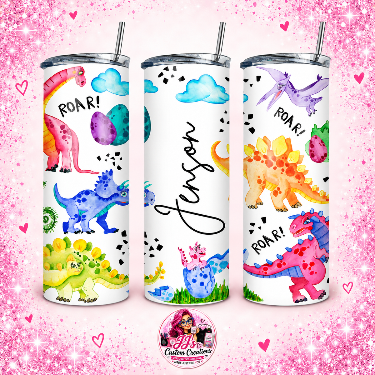 Personalised dinosaur tumbler with Jaxon shown from three angles on a square pink sparkle background with JJ's Custom Creations watermark
