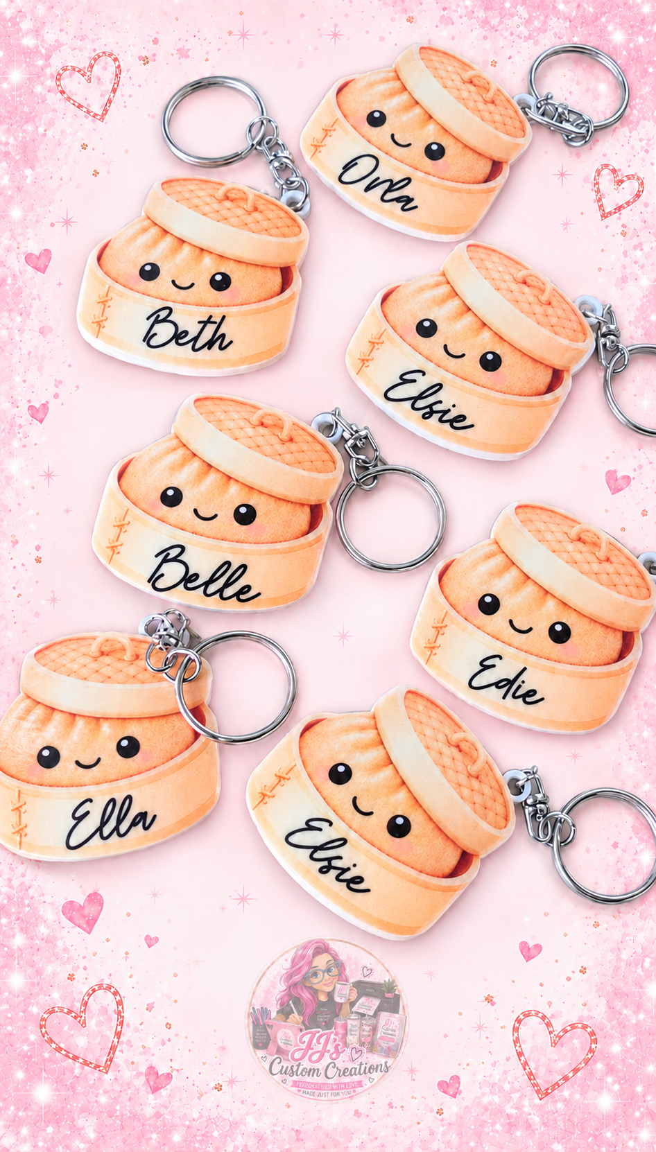 Seven personalised kawaii dumpling keyrings on JJ's pink sparkle background