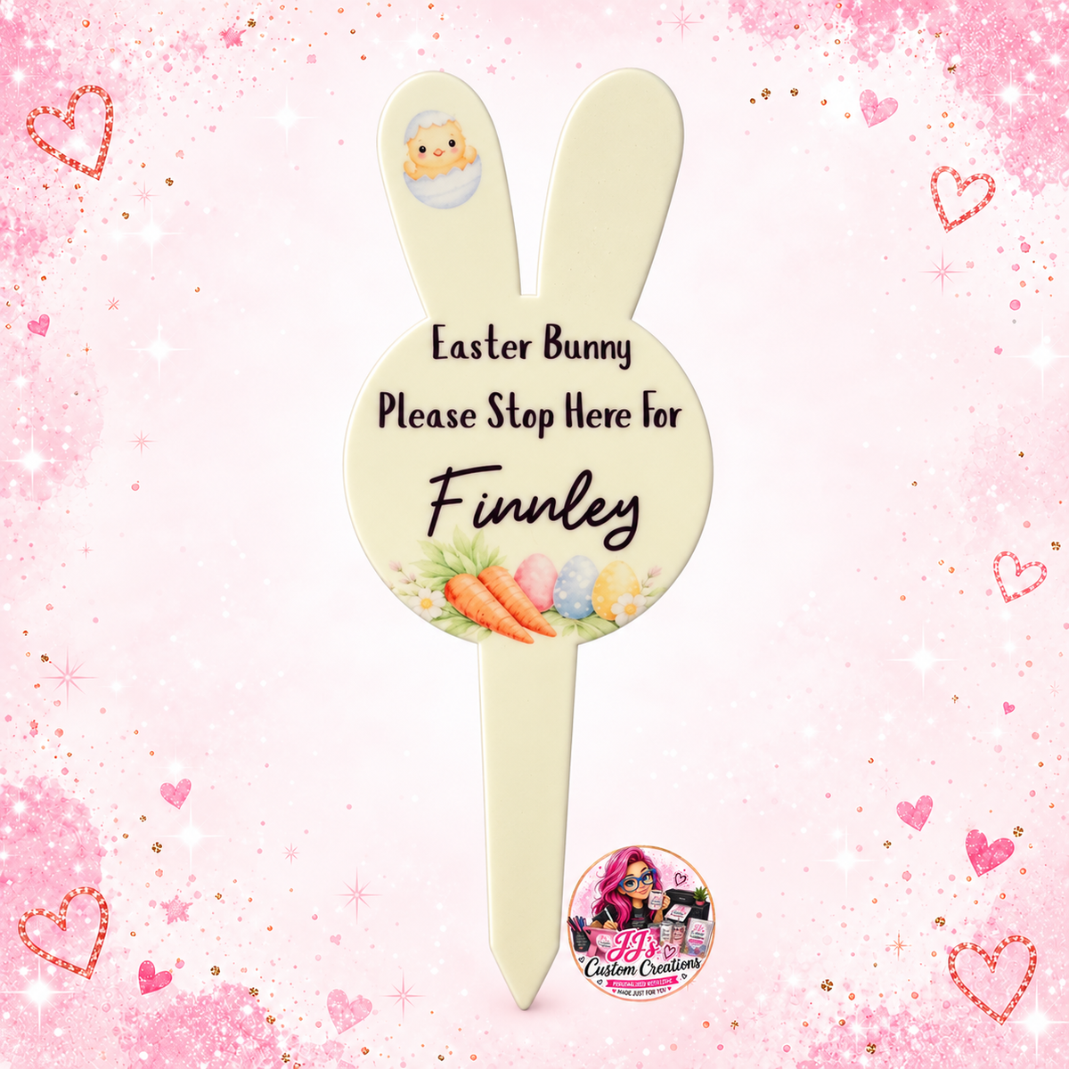 Personalised Finnley Easter Bunny Stop Here garden sign on a full square pink sparkle background with JJ's watermark