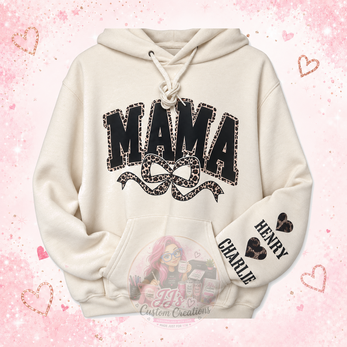 Personalised Mama hoodie sleeve detail with names Henry and Charlie