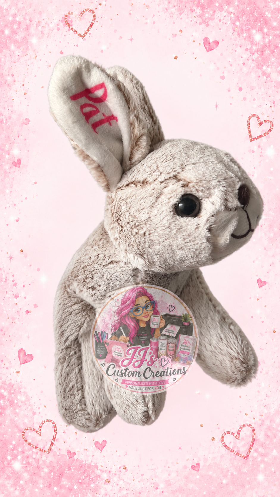 Personalised Pat grey bunny teddy on JJ's pink sparkle background