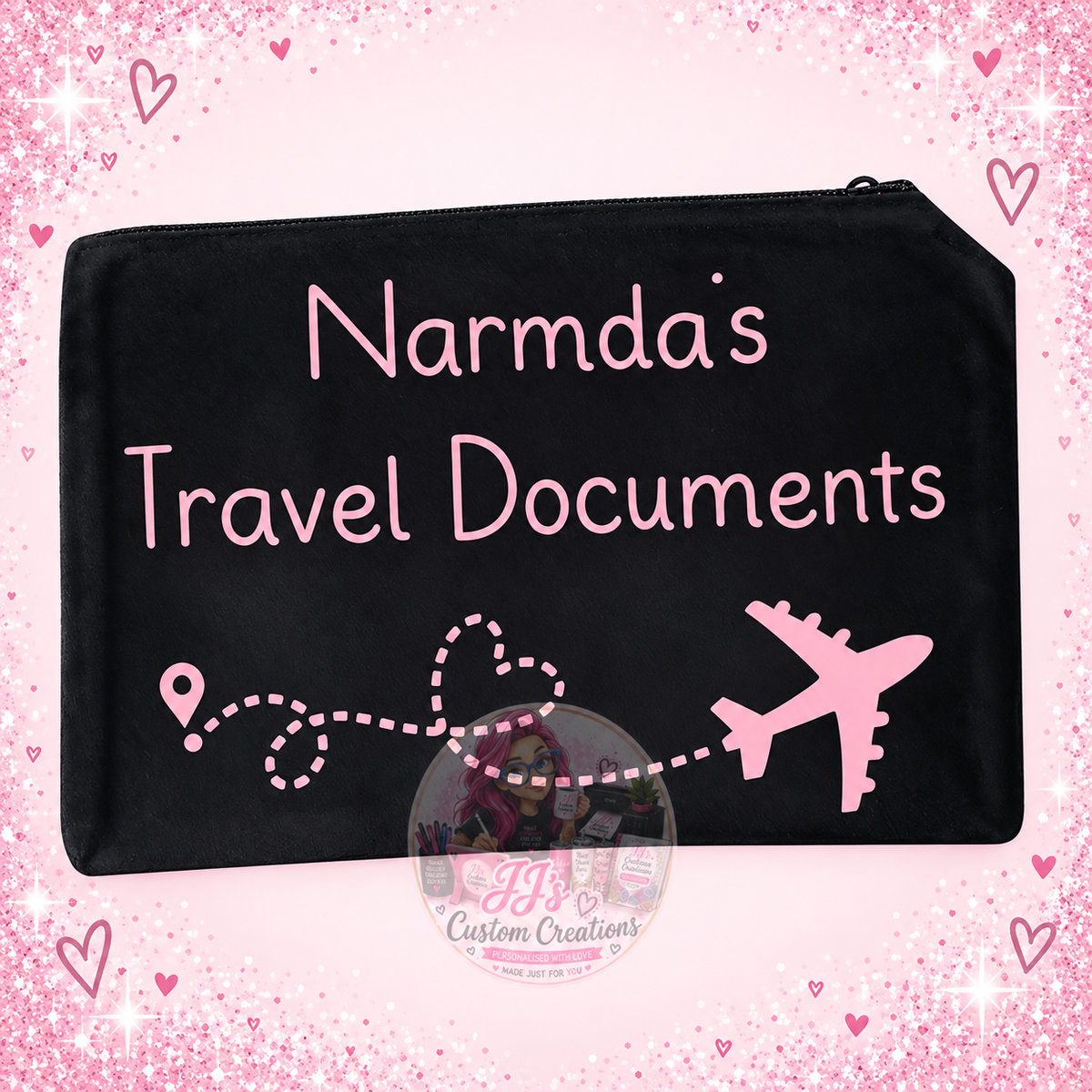 Personalised Narmda's travel documents pouch on JJ's blush pink sparkle background