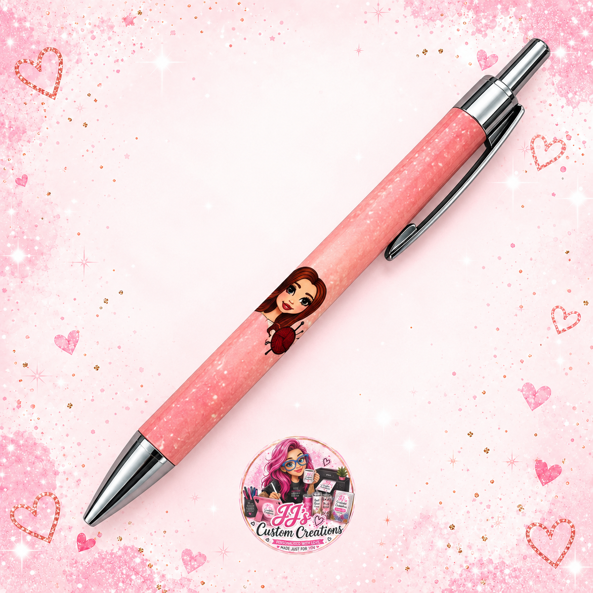 Personalised pink yarn-themed pen on a full square pink sparkle background