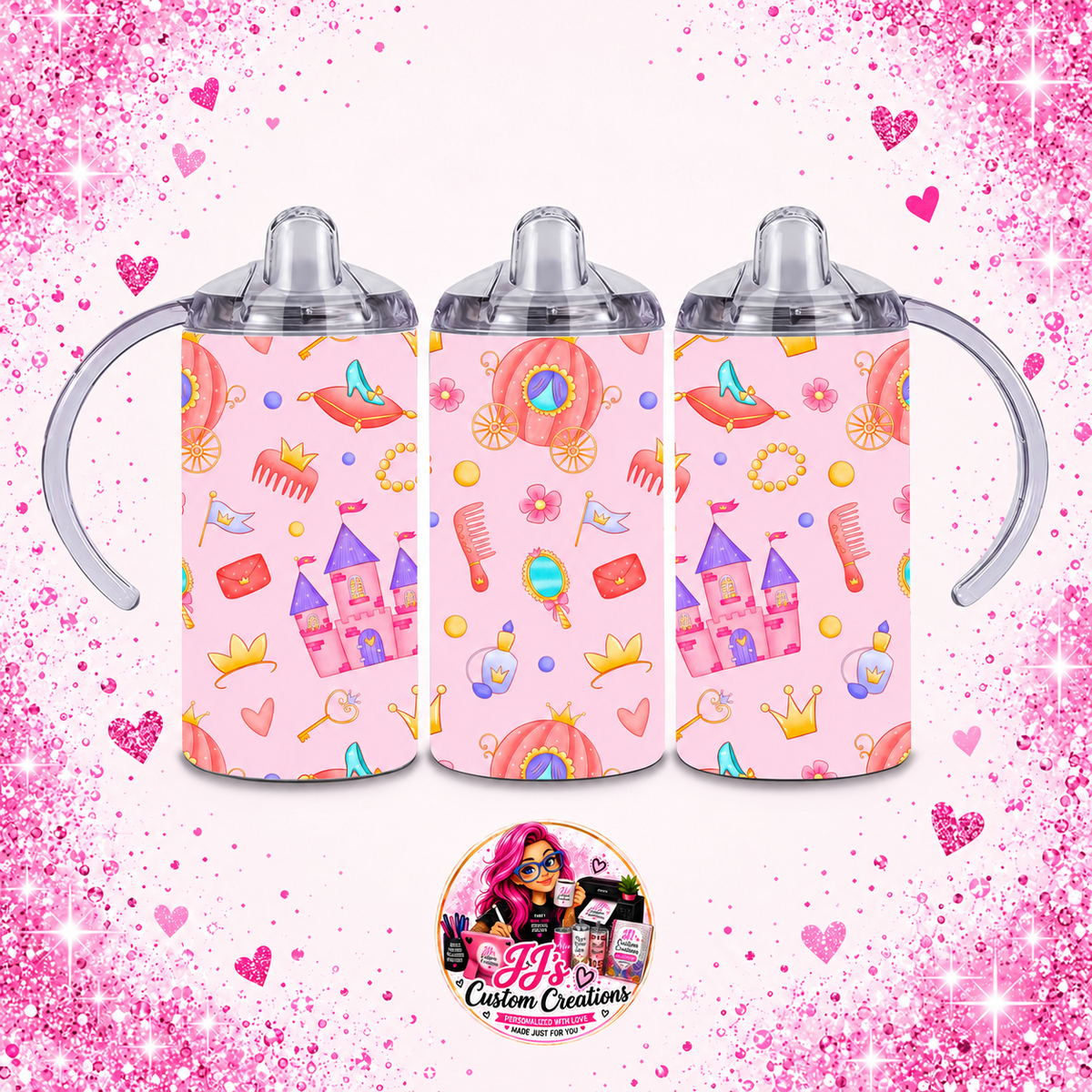 Princess 12oz Sippy Tumbler on JJ's Custom Creations pink sparkle background