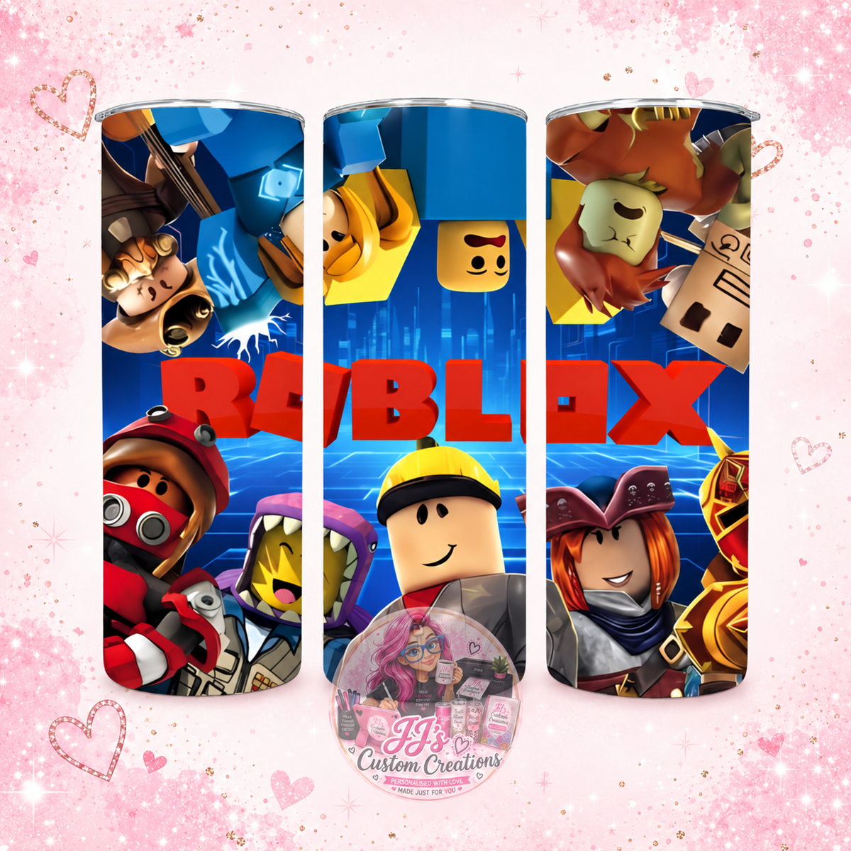 Roblox-inspired 20oz tumbler wrap views on JJ's blush pink sparkle background