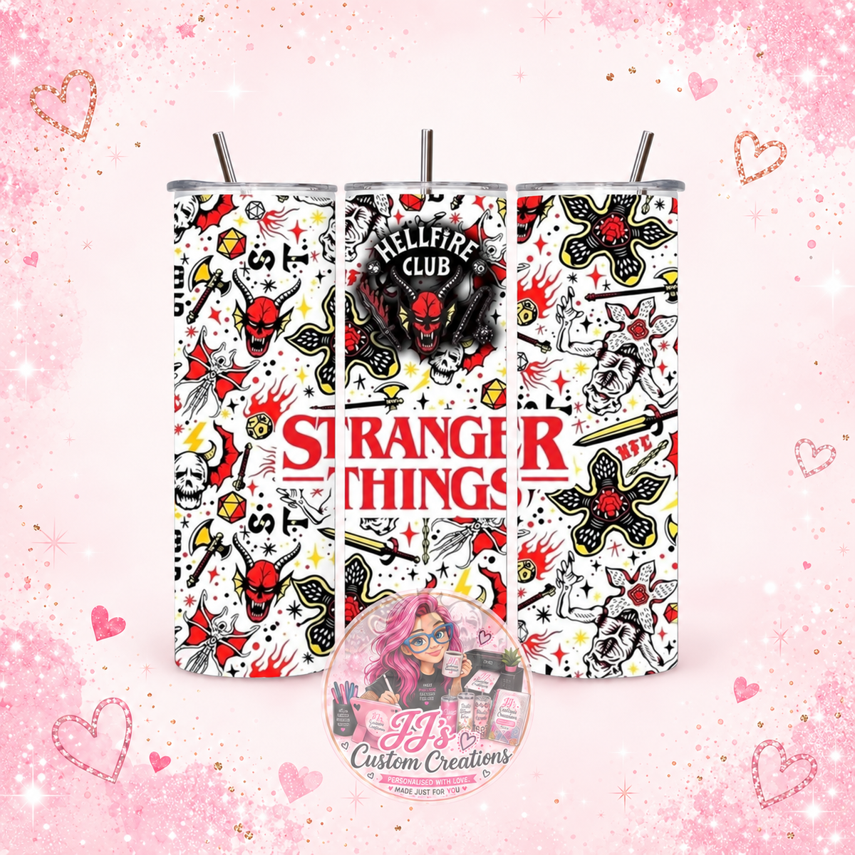 Stranger Things-inspired 20oz tumbler on JJ's blush pink sparkle background