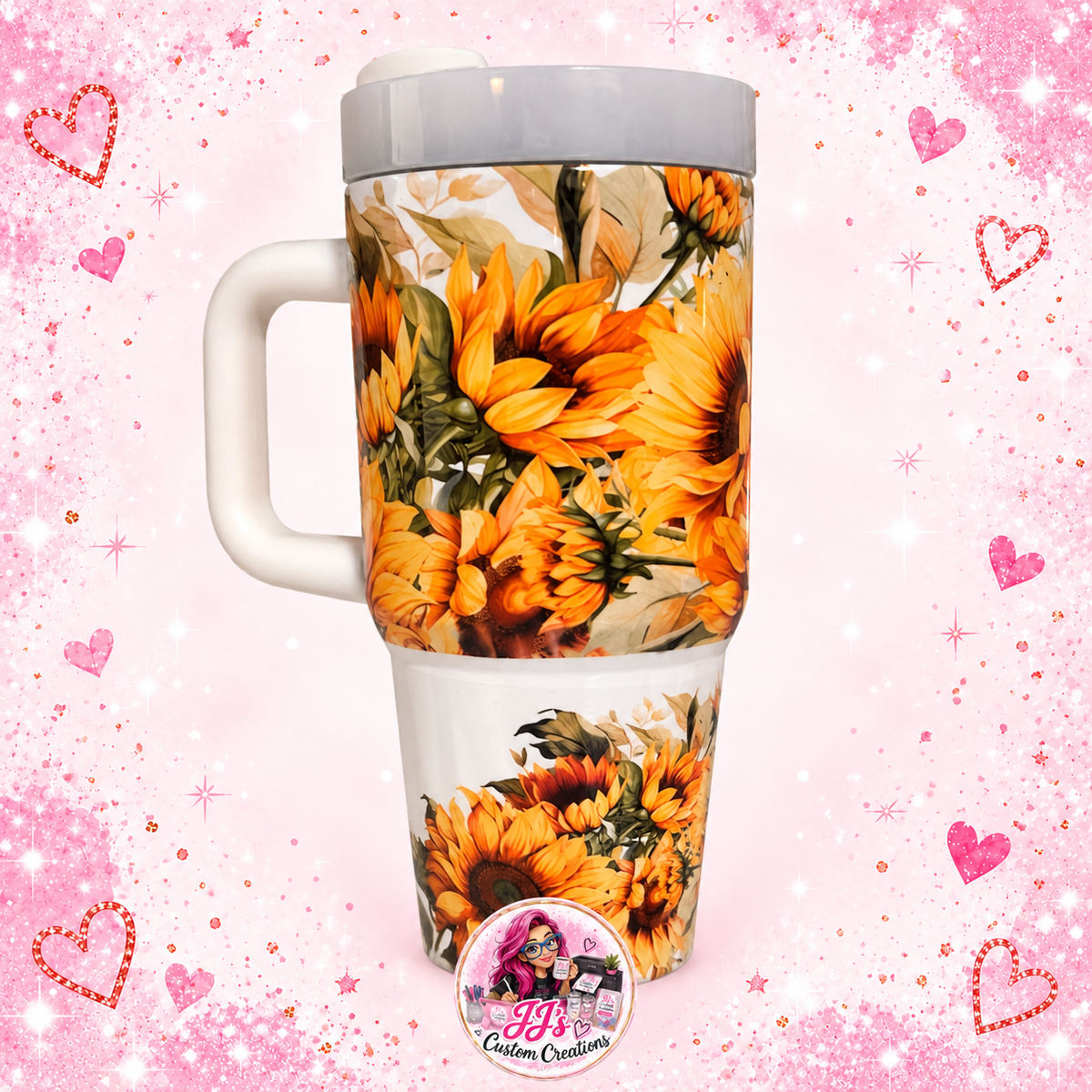 White 14oz sunflower hot cup on a full square pink sparkle background with JJ's watermark