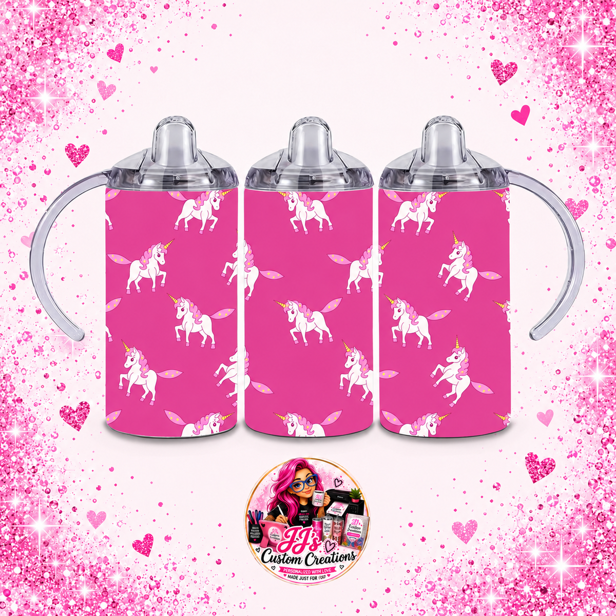 Unicorn 12oz Sippy Tumbler on JJ's Custom Creations pink sparkle background