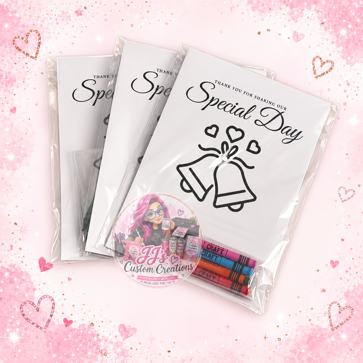 Wedding Day activity packs with crayons on JJ's blush pink sparkle background