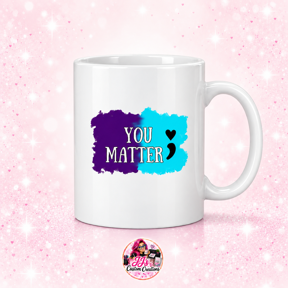 White You Matter mug on a light blush pink sparkle background