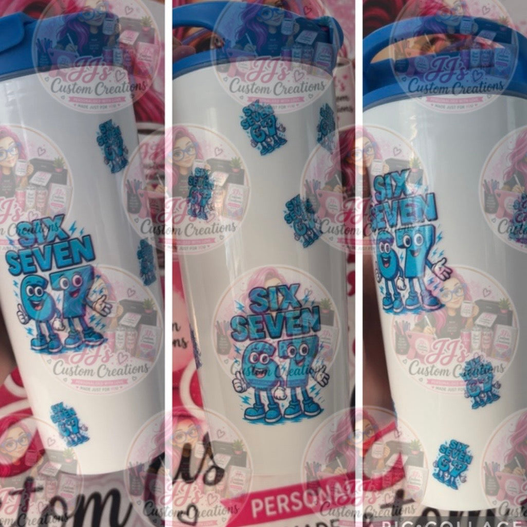 Six Seven Plastic Cold Cup with Straw | Funny Number Pun Reusable Iced Coffee Cup | Blue Character Cold Cup