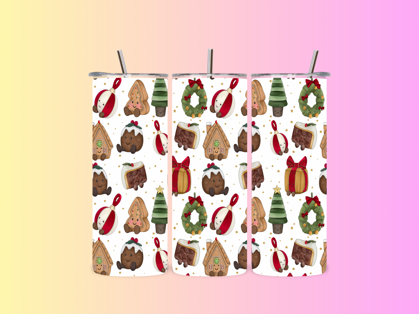 Kawaii Christmas Cuddlies Tumblers | Christmas Treats Pattern Tumbler | Insulated Festive Drinkware