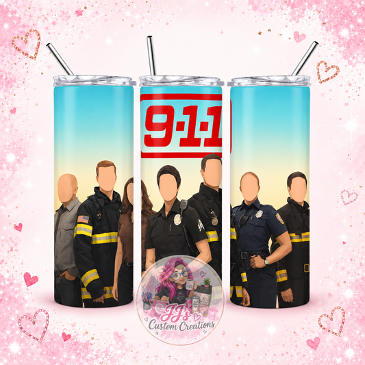 9-1-1 20oz tumbler on JJ's blush pink sparkle background