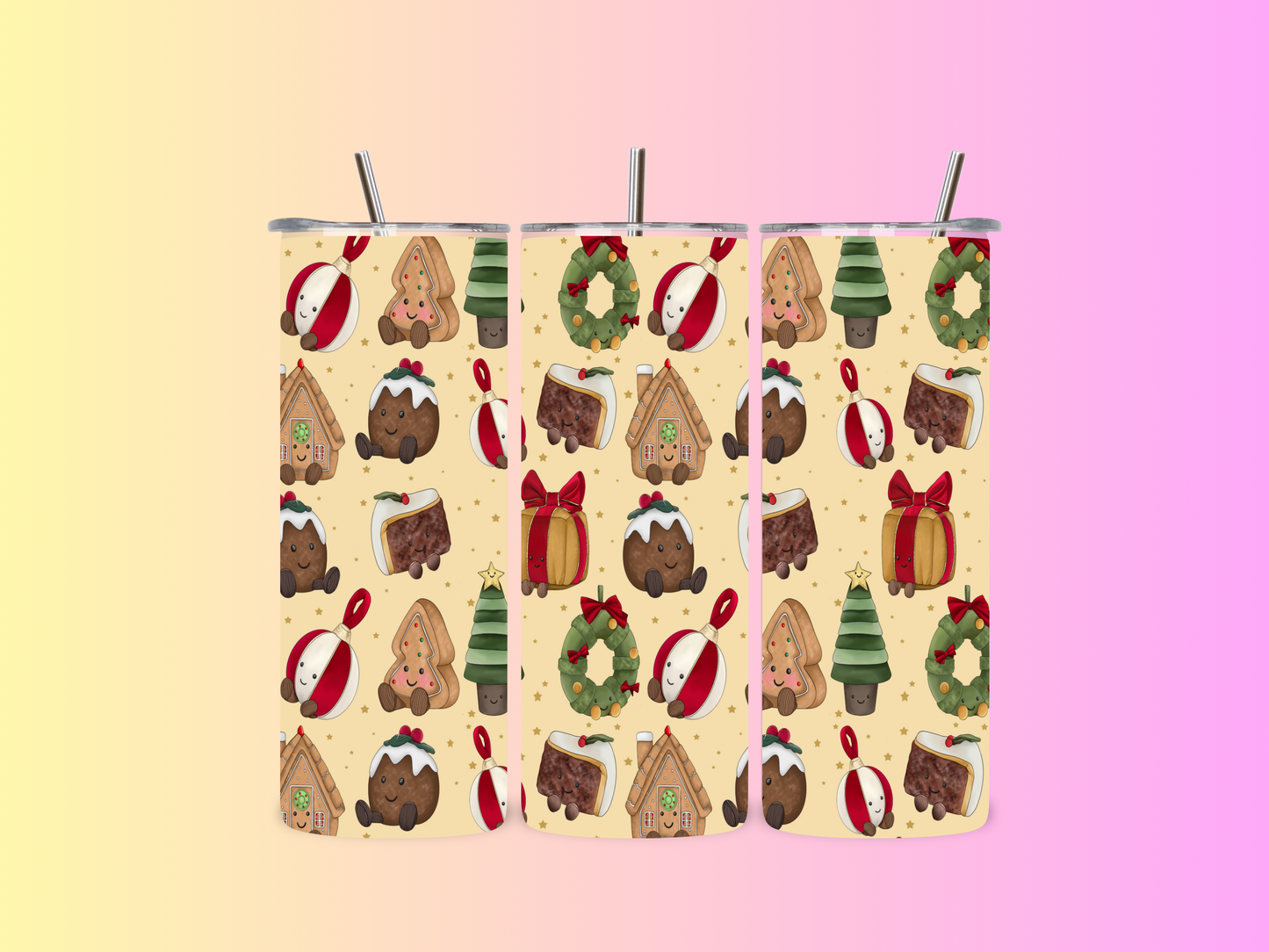 Kawaii Christmas Cuddlies Tumblers | Christmas Treats Pattern Tumbler | Insulated Festive Drinkware