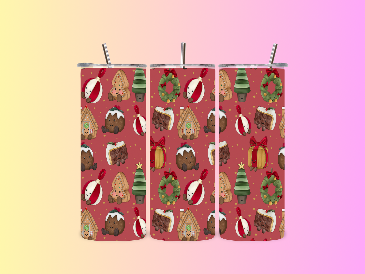 Kawaii Christmas Cuddlies Tumblers | Christmas Treats Pattern Tumbler | Insulated Festive Drinkware