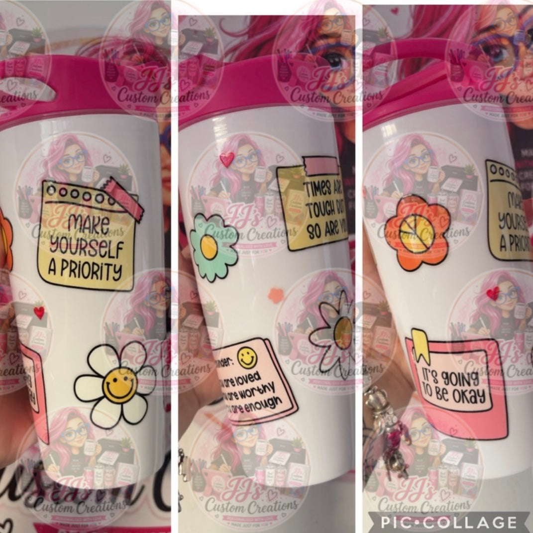 Positive Affirmation Plastic Cold Cup with Straw | Mental Health Iced Coffee Cup | Cute Daisy Reusable Cup | Self Care Gift
