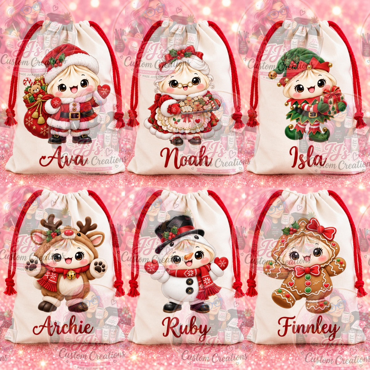 Personalised Christmas sack mock-up designs 1–6