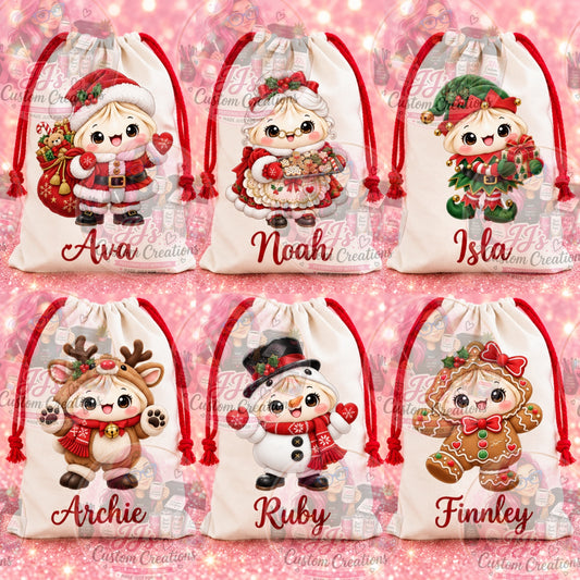 Personalised Christmas sack mock-up designs 1–6