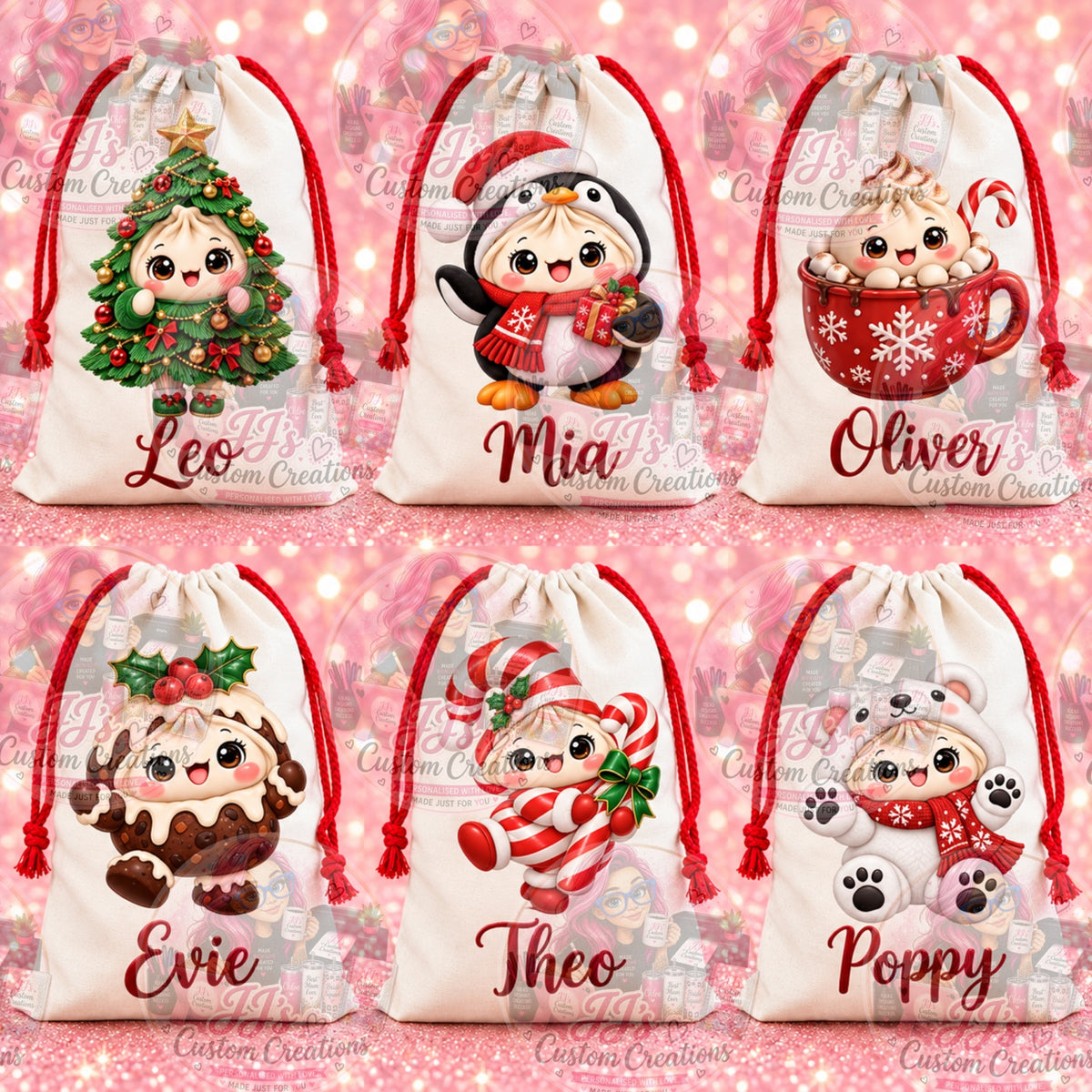 Personalised Christmas sack mock-up designs 7–12