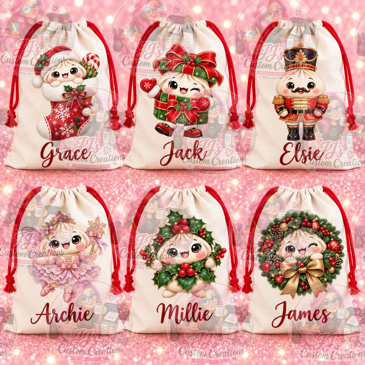 Personalised Christmas sack mock-up designs 13–18