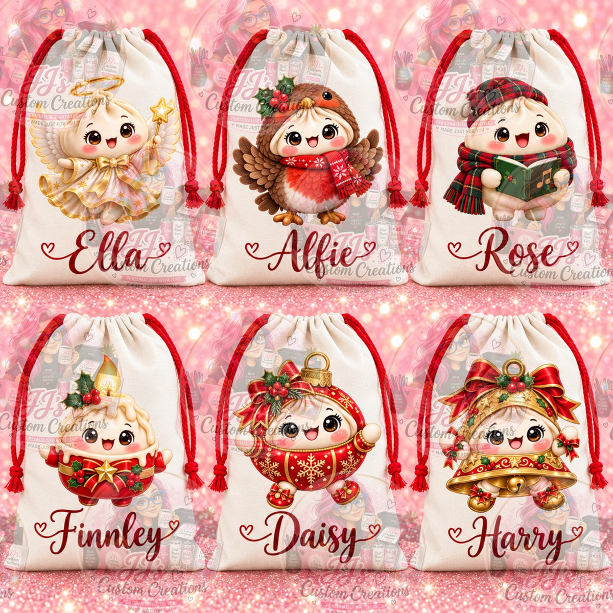 Personalised Christmas sack mock-up designs 19–24
