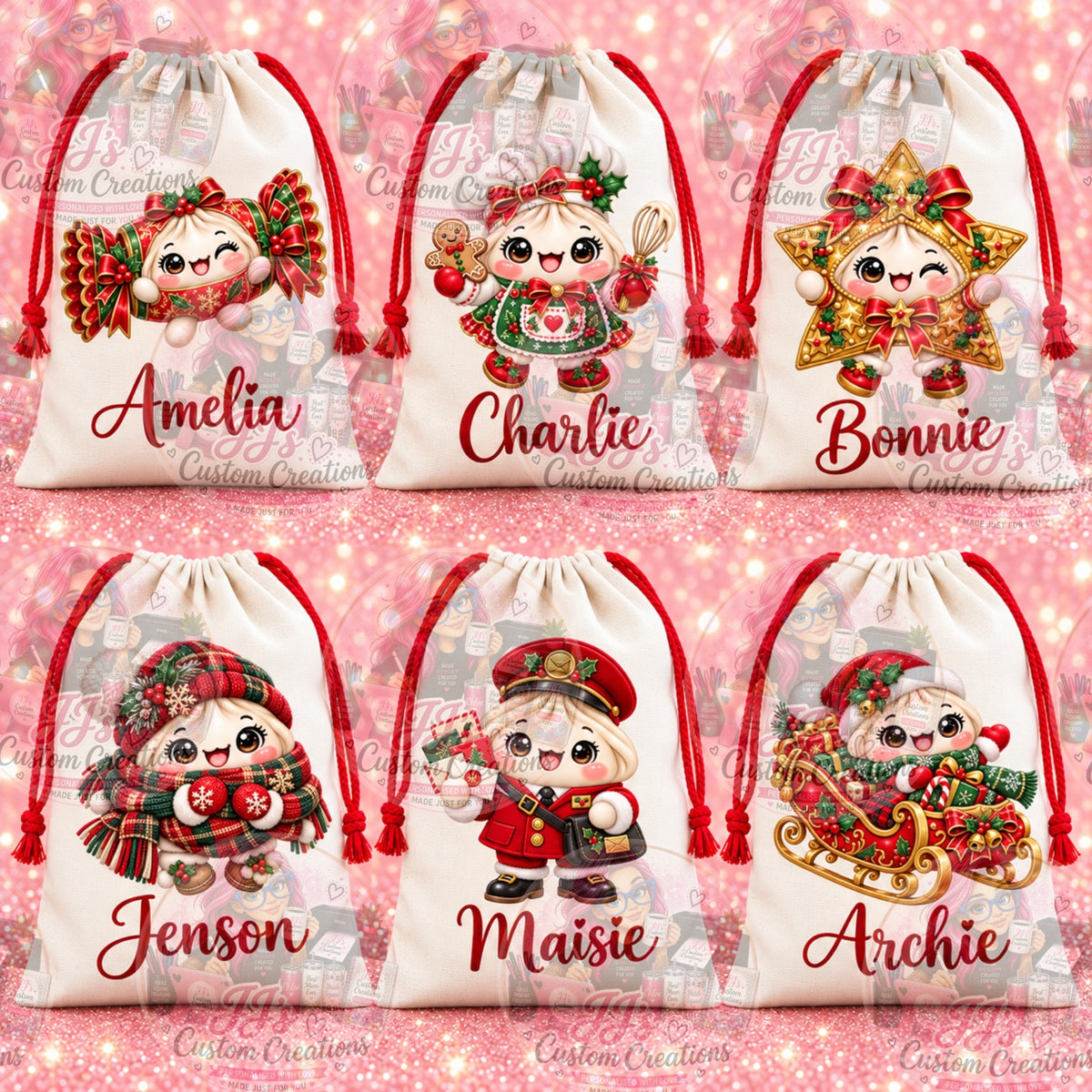 Personalised Christmas sack mock-up designs 25–30