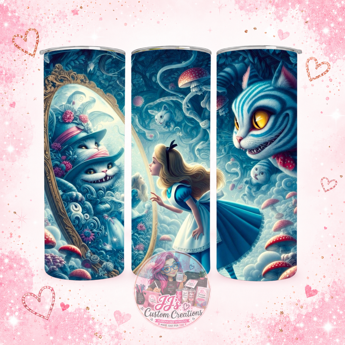 Alice-inspired 20oz tumbler on JJ's blush pink sparkle background