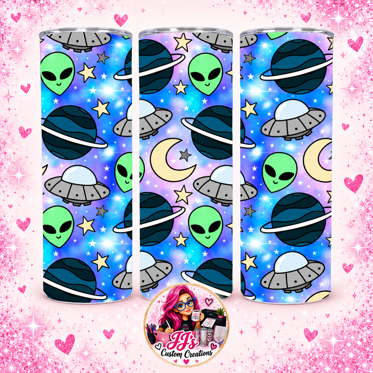 Alien and UFO pattern 20oz tumbler on a pale pink sparkle background