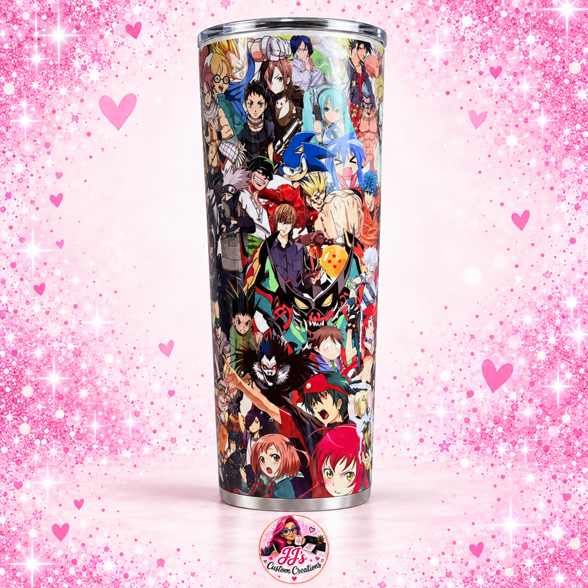 Anime character collage 20oz tumbler on a square pink sparkle background with JJ's Custom Creations watermark