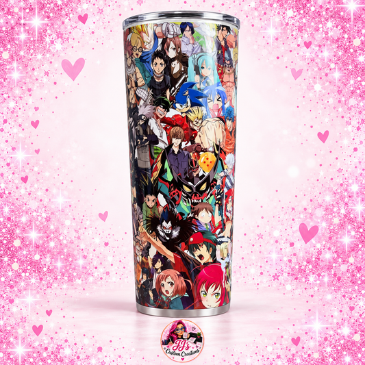 Anime character collage 20oz tumbler on a square pink sparkle background with JJ's Custom Creations watermark
